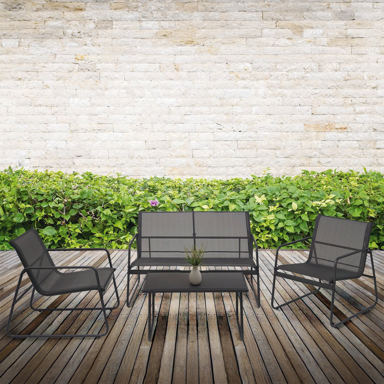 VESTIAMO CASA GIARDINO - Set da giardino 4 pezzi struttura in acciaio Antracite e Tessuto Antracite - Formato da 1 panchina, 2 poltrone e 1 tavolino